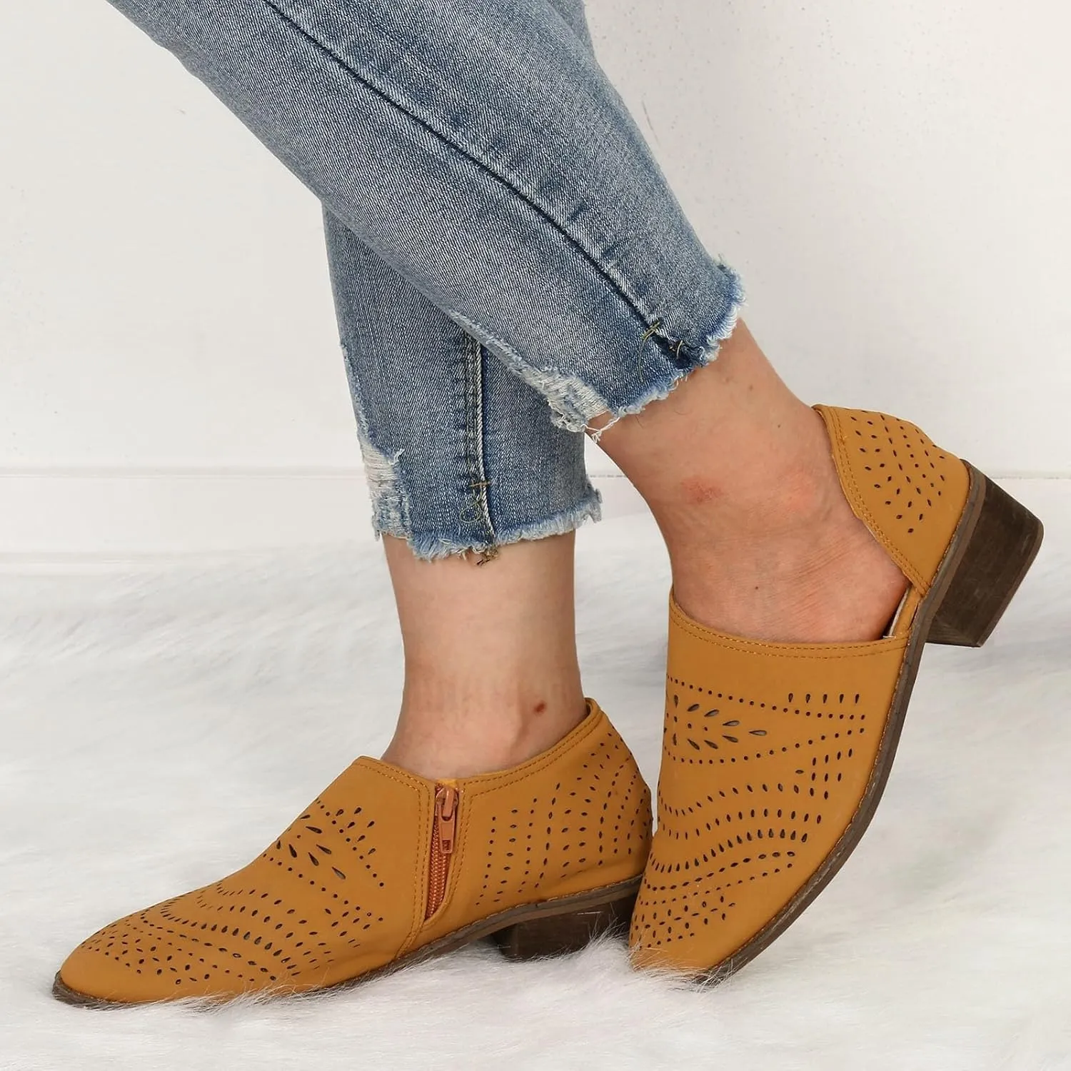 Ankle Boots for Women Casual Slip On Loafers Pointed Toe Chunky Block Low Heel Shoes Cut out Office Dress Casual Booties