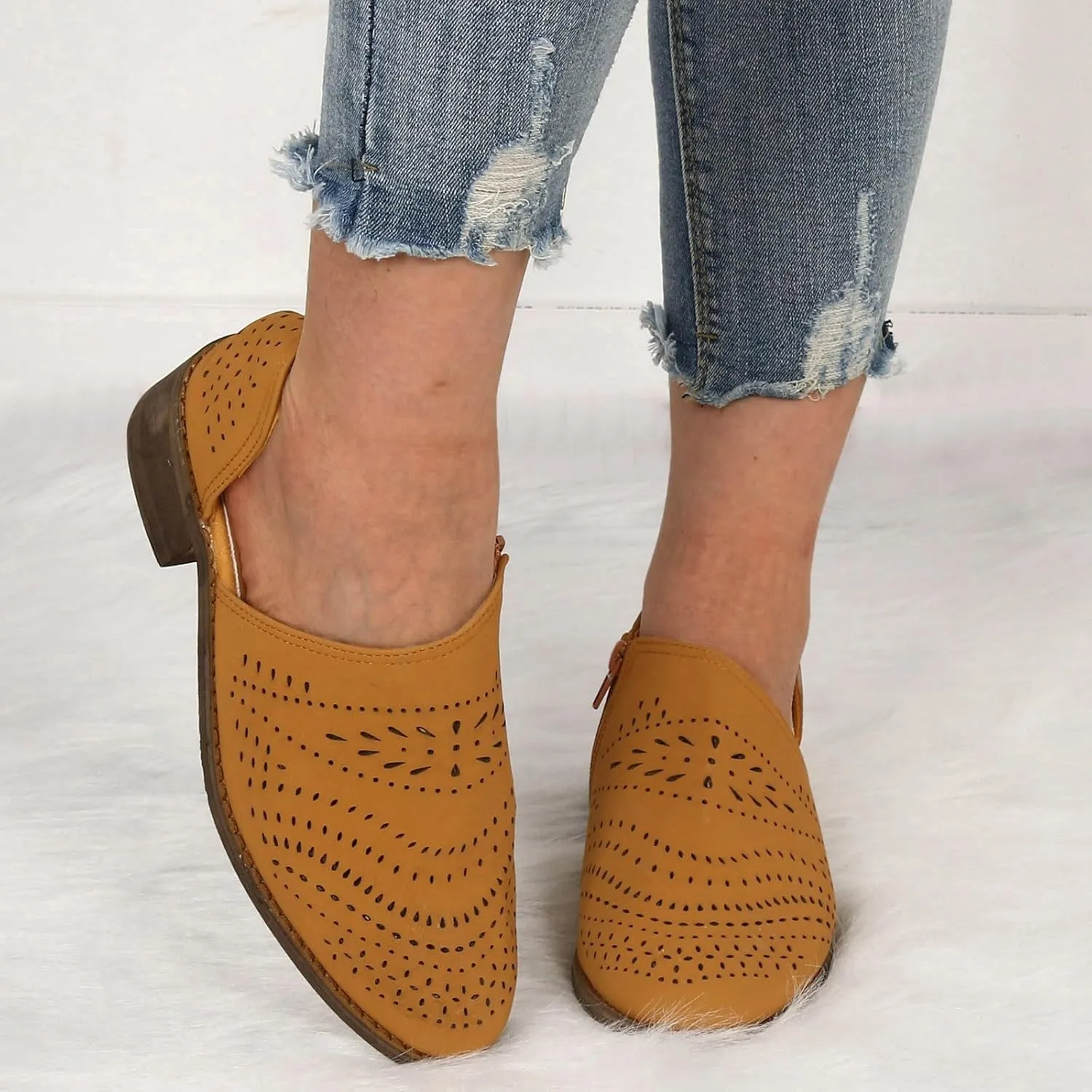 Ankle Boots for Women Casual Slip On Loafers Pointed Toe Chunky Block Low Heel Shoes Cut out Office Dress Casual Booties