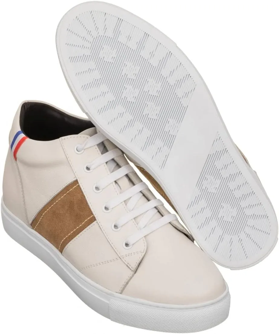 CALTO Men's Invisible Height Increasing Elevator Shoes - Beige White Leather Lace-up Sneakers - 2.8 Inches Taller - K53101 - Size 11 D(M) US