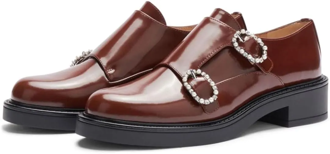 Maiyang Women Classic Round Toe Monk Strap Double Buckles Low Heel Loafers Comfort Daily Walking Driving Shoes Size 4-16 US