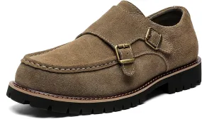 Mens Suede Double Monk Strap Loafers Classic Round Toe Low Top Slip On Dress Shoes Comfort Non Slip Design for Casual Work Daily Wear