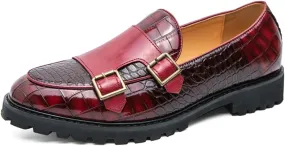Mens Weave Leather Slip-On Double Strap Loafers Retro Lug Sole Formal Business Prom Dress Flats Penny Monk Shoes