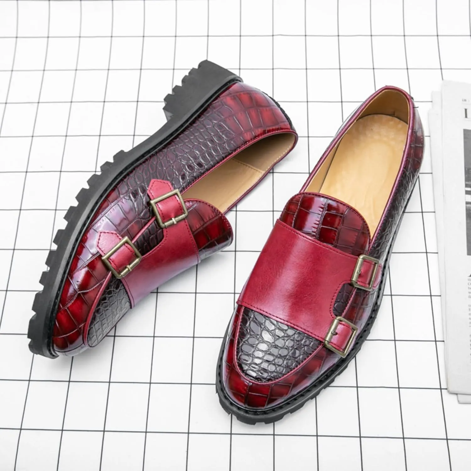 Mens Weave Leather Slip-On Double Strap Loafers Retro Lug Sole Formal Business Prom Dress Flats Penny Monk Shoes