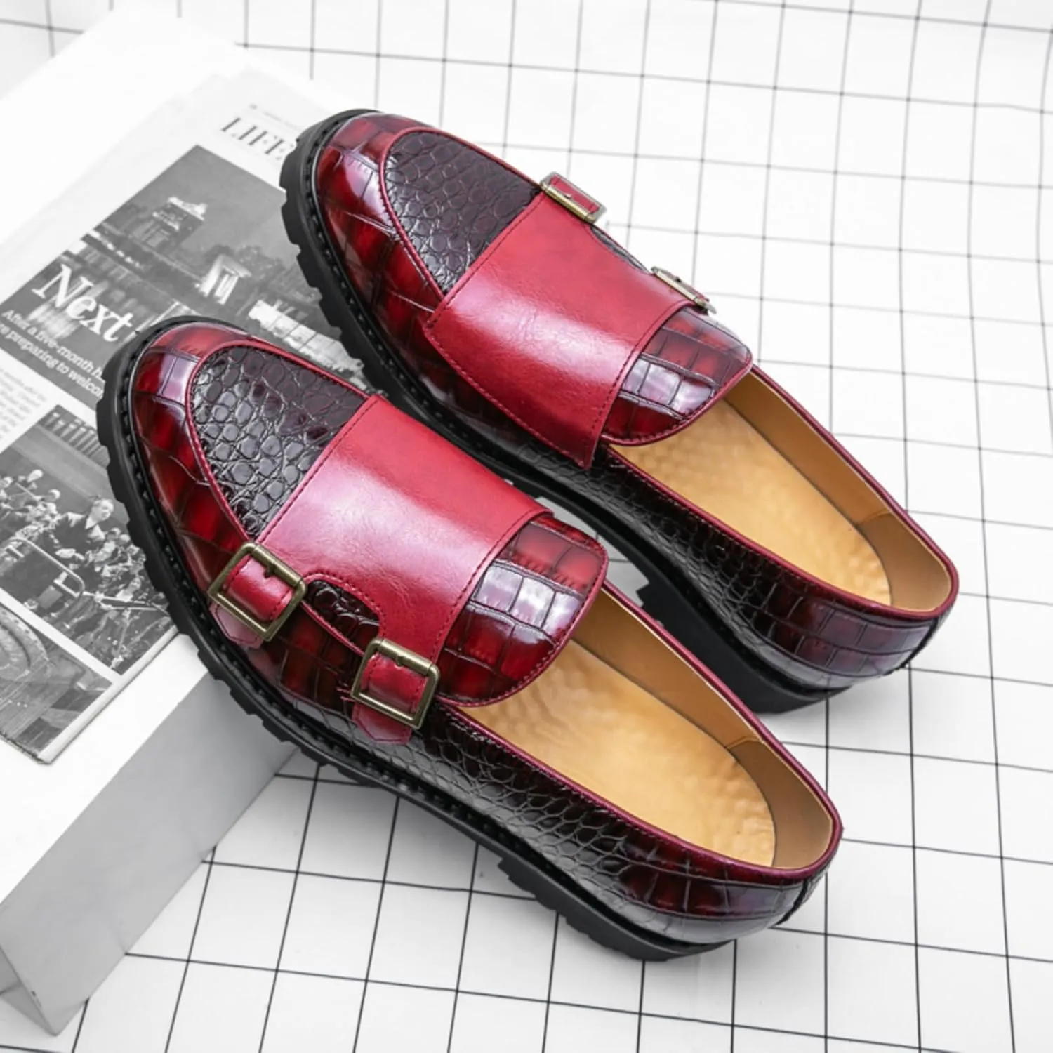 Mens Weave Leather Slip-On Double Strap Loafers Retro Lug Sole Formal Business Prom Dress Flats Penny Monk Shoes
