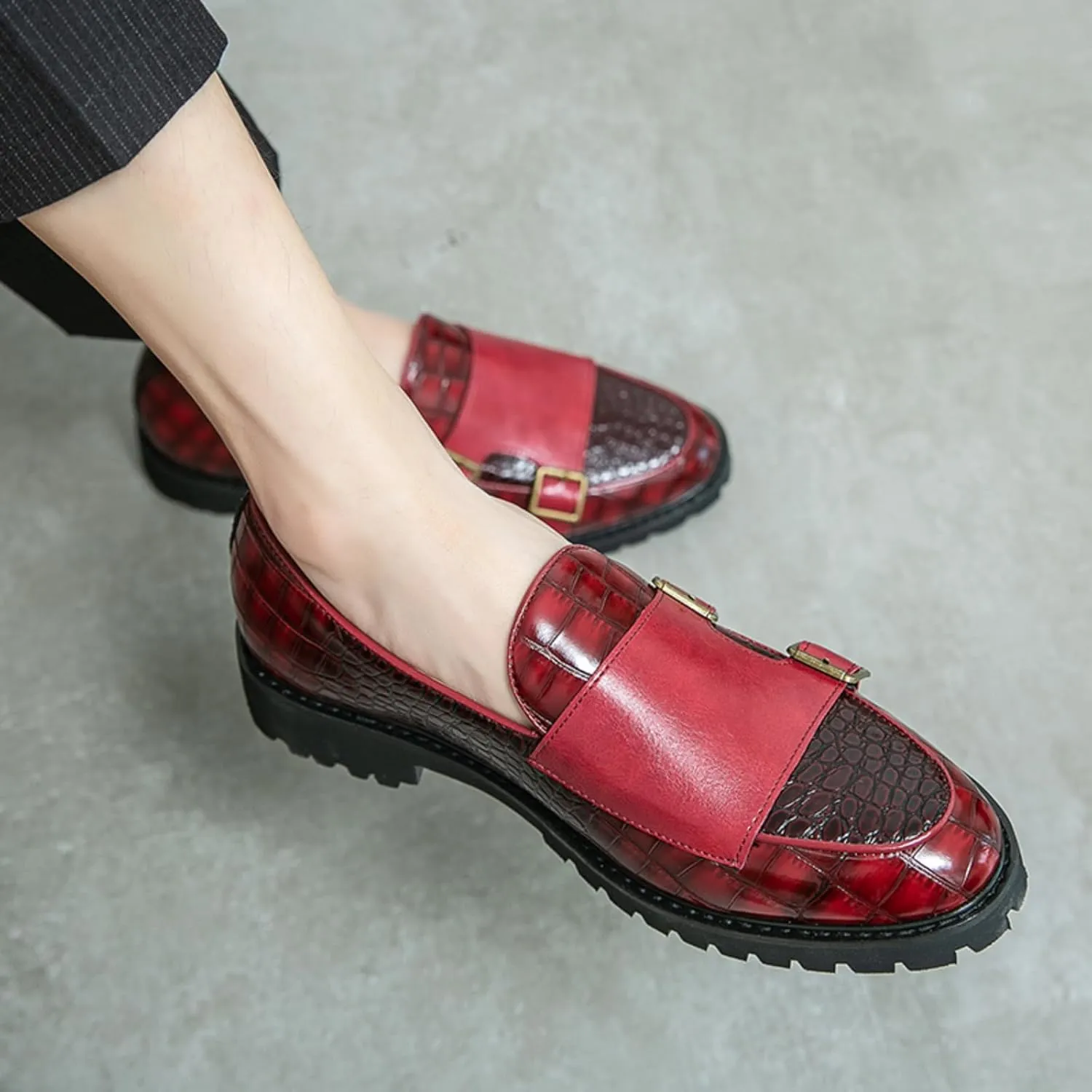Mens Weave Leather Slip-On Double Strap Loafers Retro Lug Sole Formal Business Prom Dress Flats Penny Monk Shoes