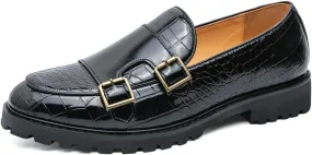 Mens Weave Leather Slip-On Double Strap Loafers Retro Lug Sole Formal Business Prom Dress Flats Penny Monk Shoes