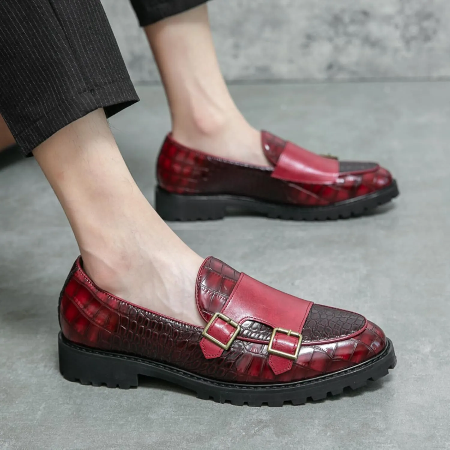 Mens Weave Leather Slip-On Double Strap Loafers Retro Lug Sole Formal Business Prom Dress Flats Penny Monk Shoes
