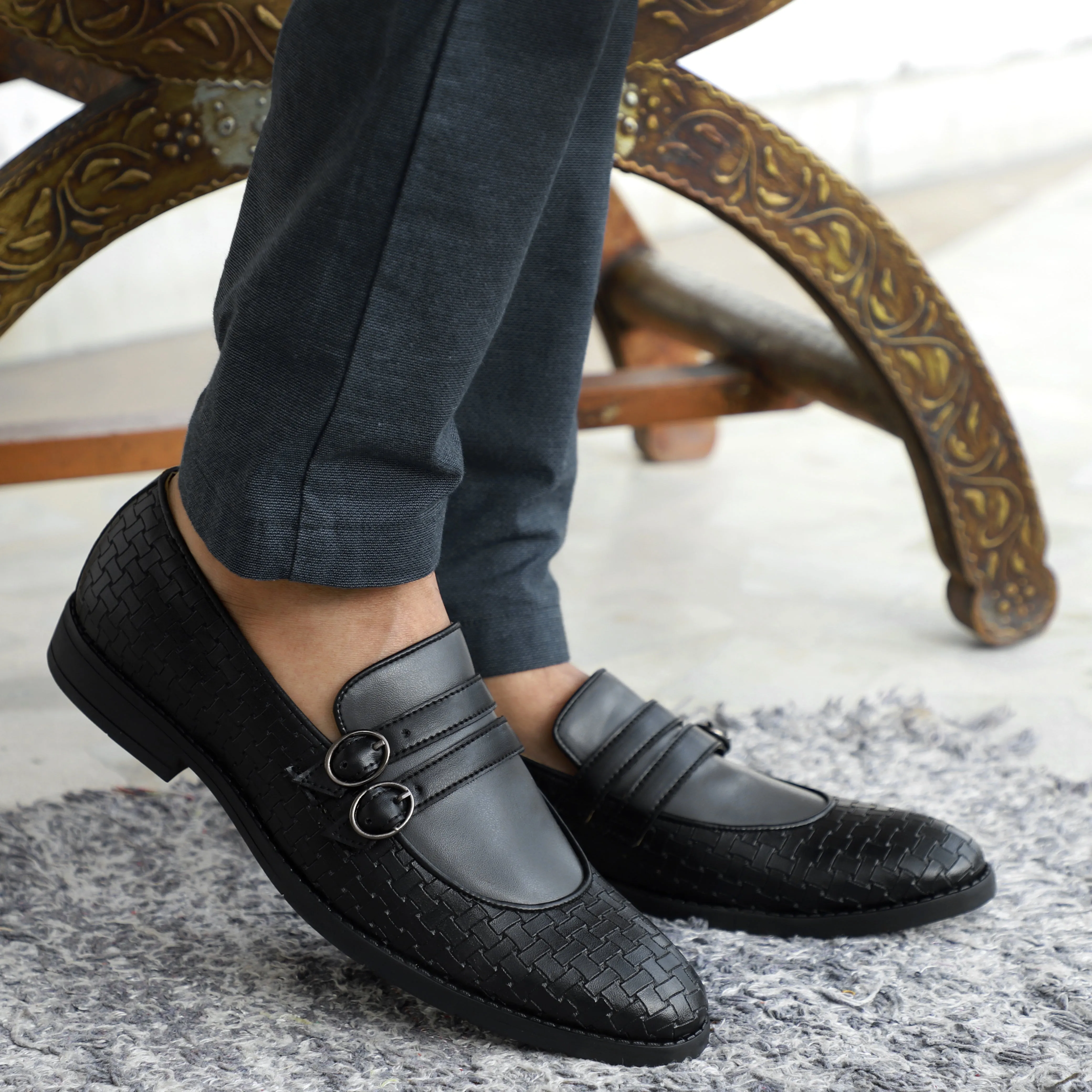 NICHE Black Gray Weaved Monk Loafers