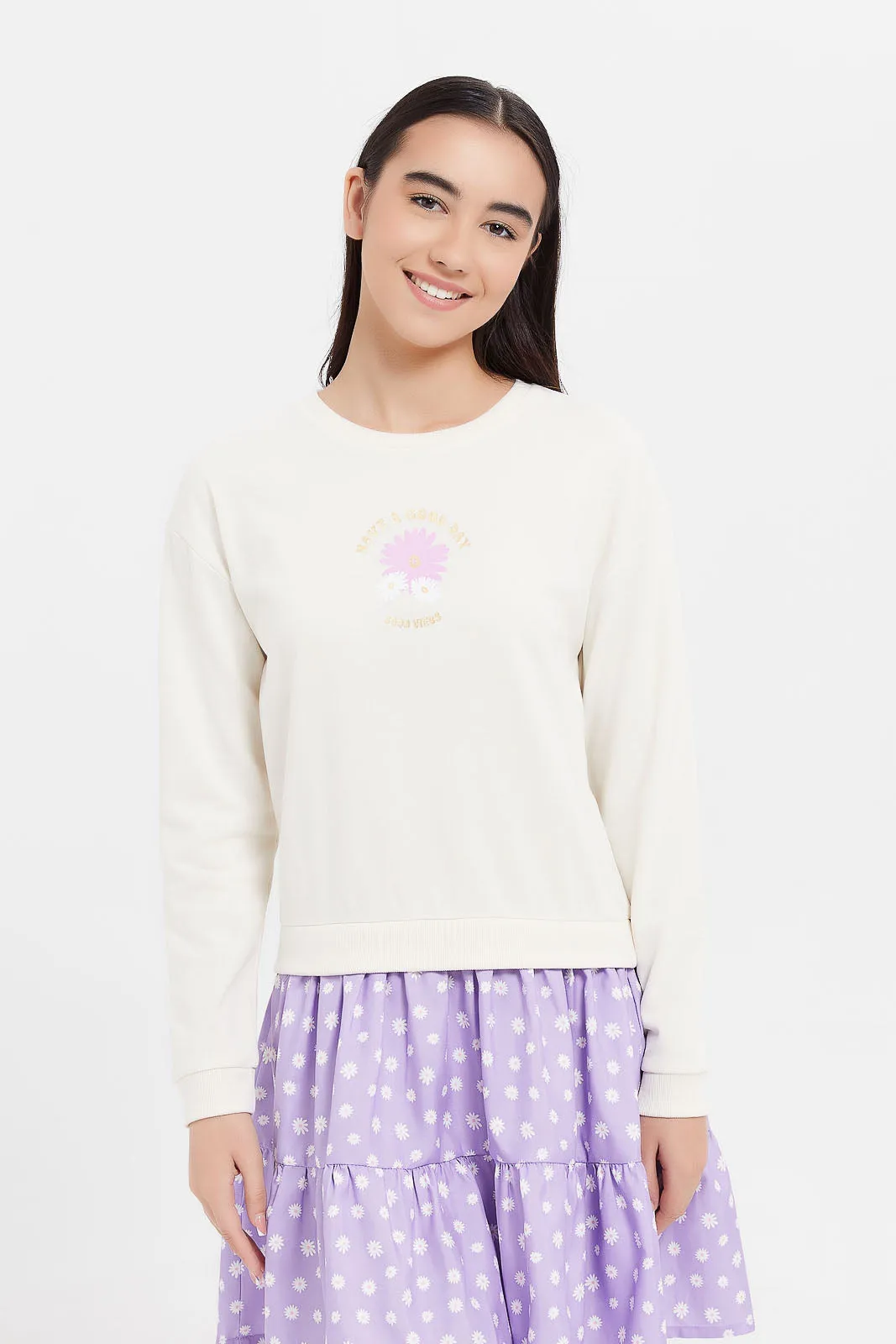 Senior Girls Cream And Purple Printed Dress