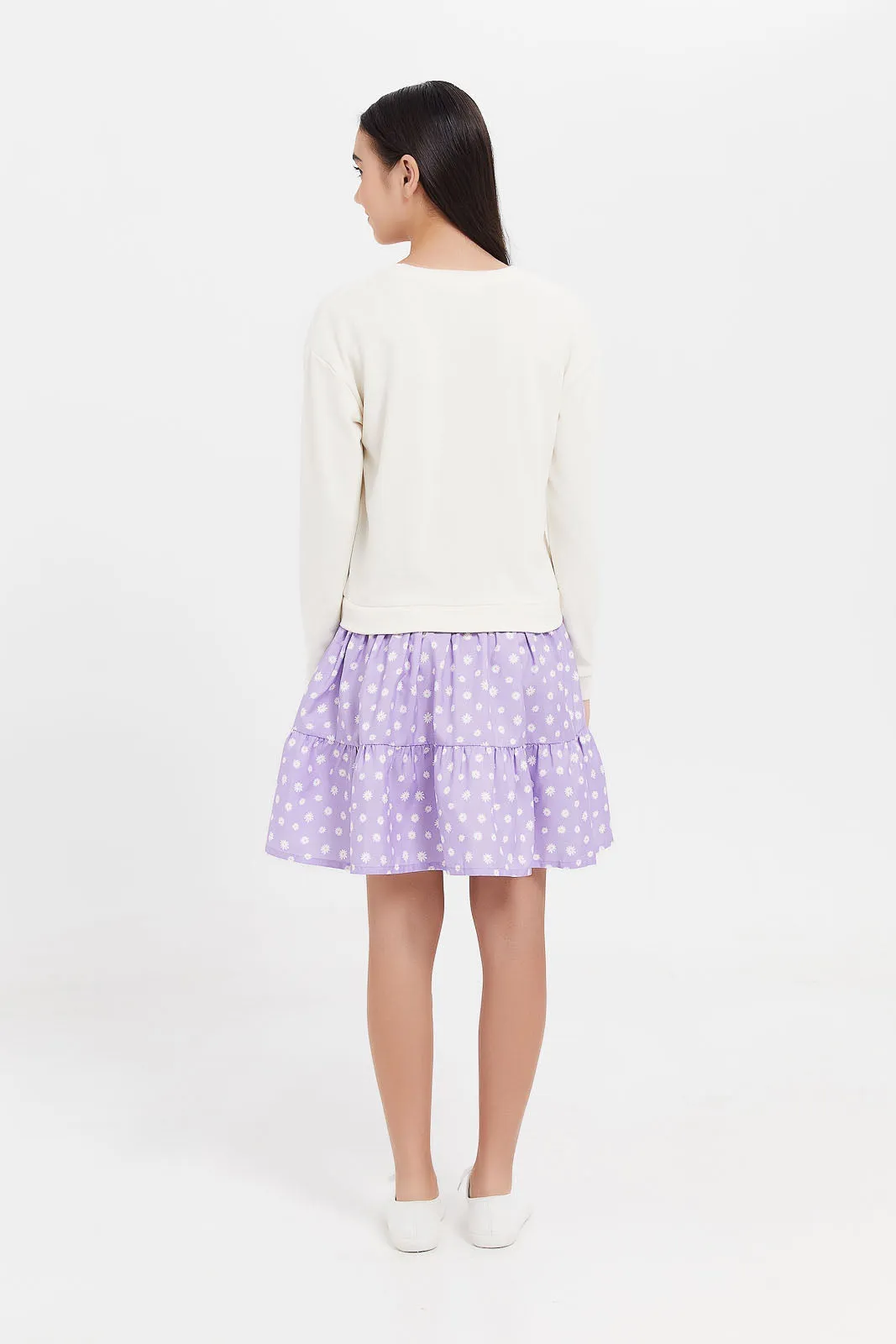 Senior Girls Cream And Purple Printed Dress