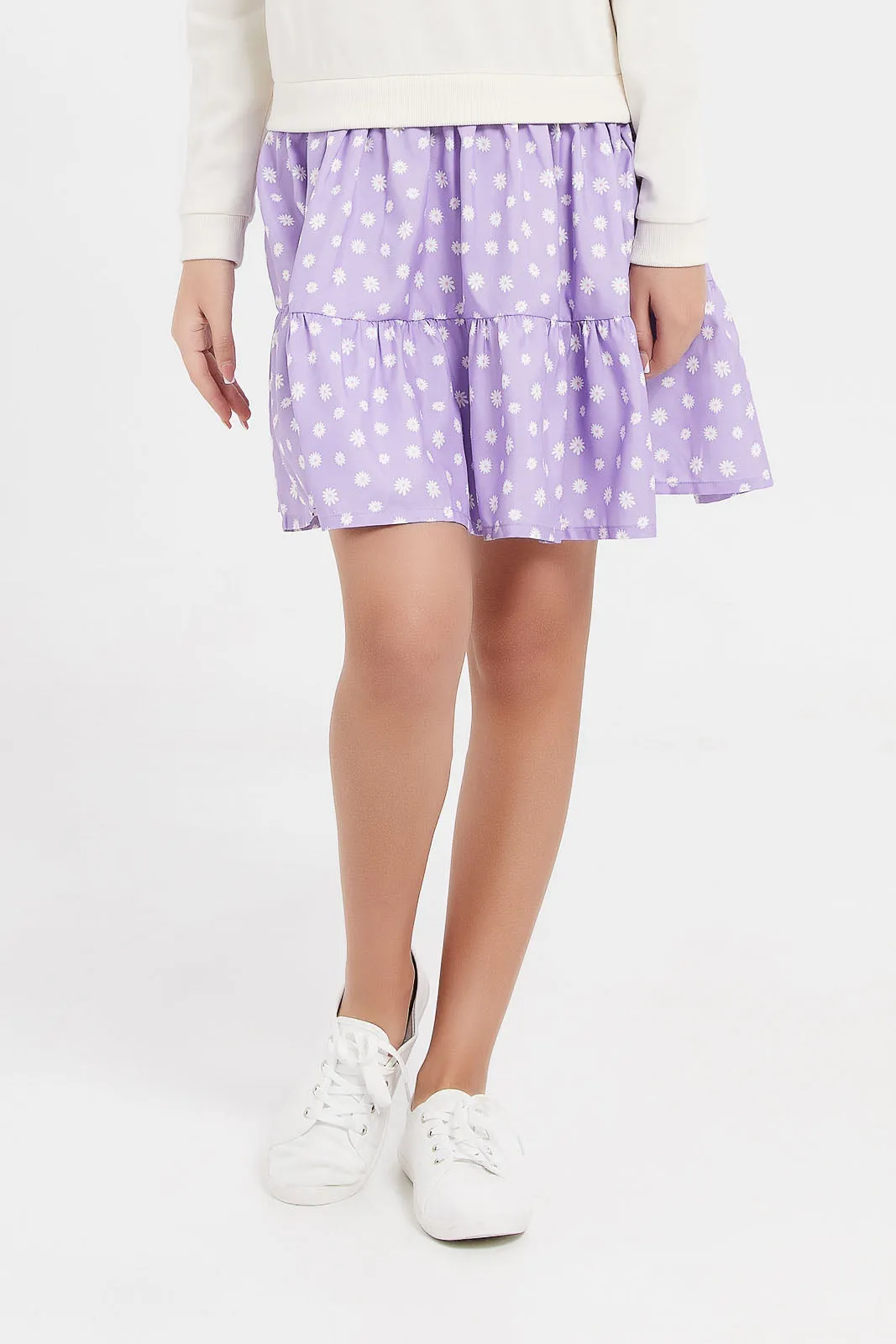 Senior Girls Cream And Purple Printed Dress