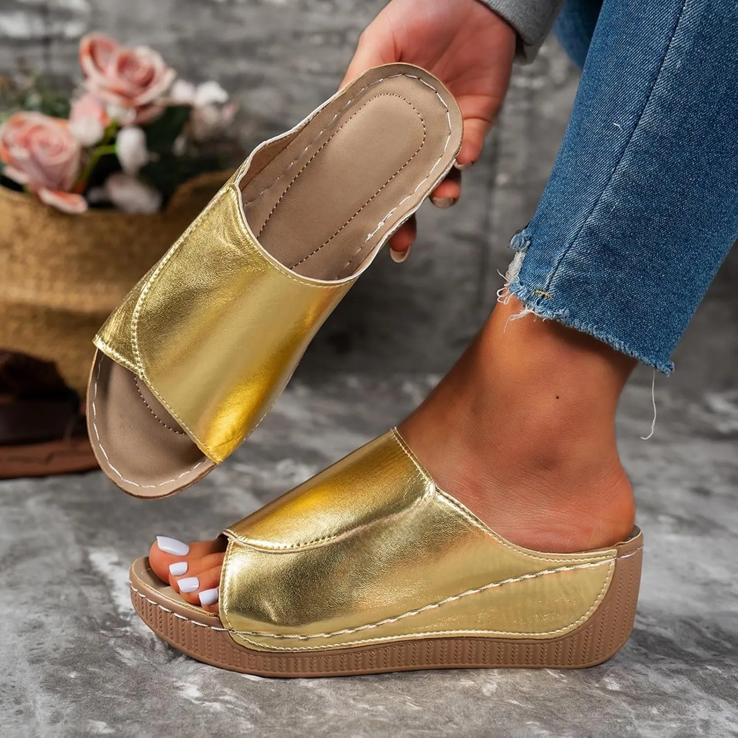 Summer Sandals for Women Wide Width Platform Wedge Sandals Breathable Open Toe Slippers Comfortable Arch Support Slip On Sandal Casual Walking Shoes Wedding Party Dress Shoes