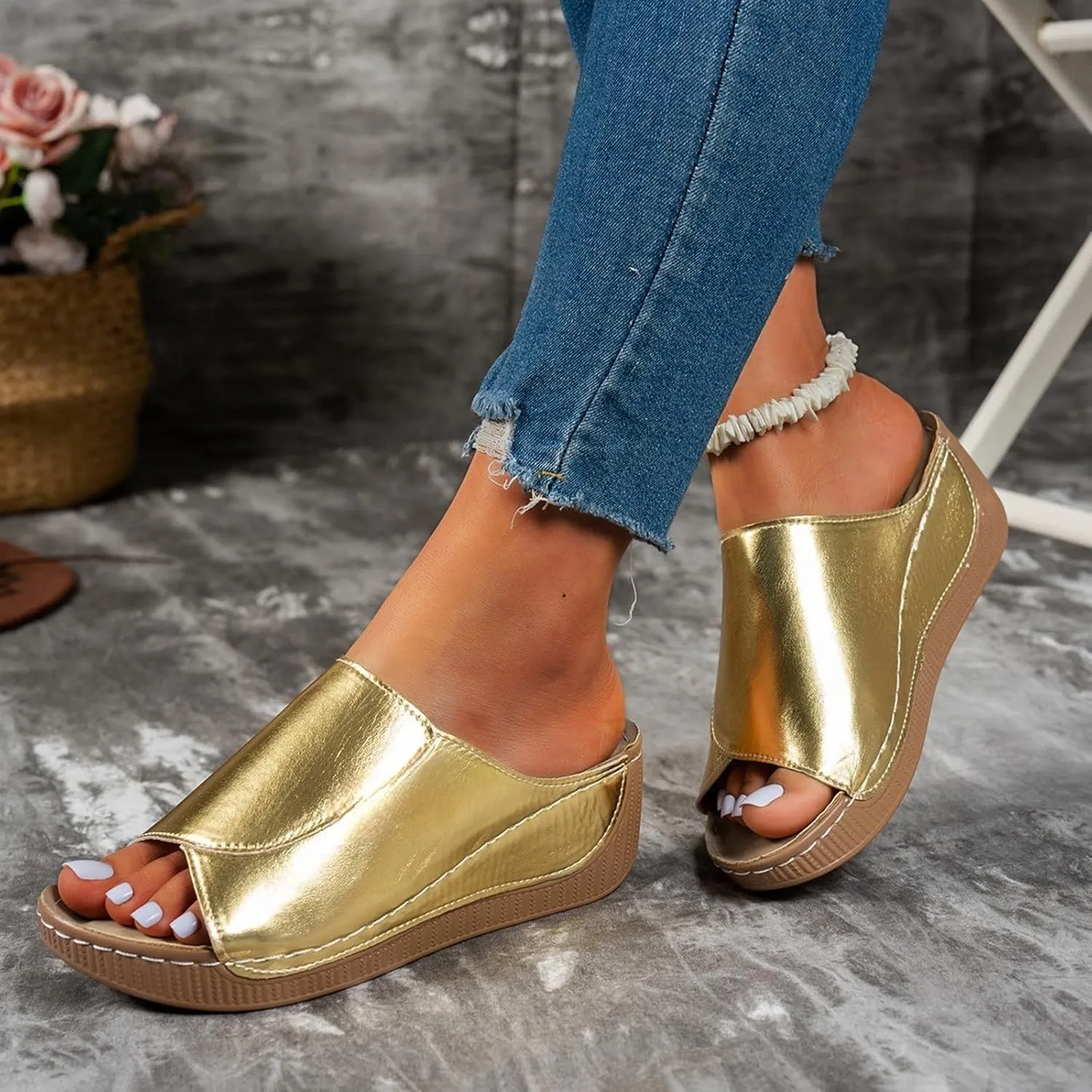 Summer Sandals for Women Wide Width Platform Wedge Sandals Breathable Open Toe Slippers Comfortable Arch Support Slip On Sandal Casual Walking Shoes Wedding Party Dress Shoes