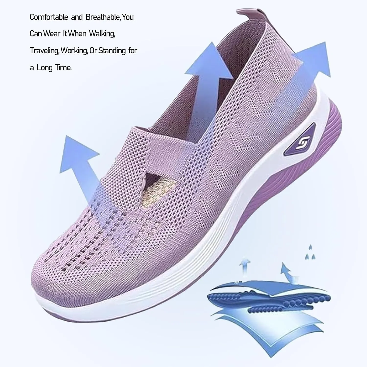 Womens Orthopedic Walking Shoes Slip on Breathable Soft Woven Non-Slip Shoe Mesh-Comfortable Lightweight Footwear Arch Support Sneakers