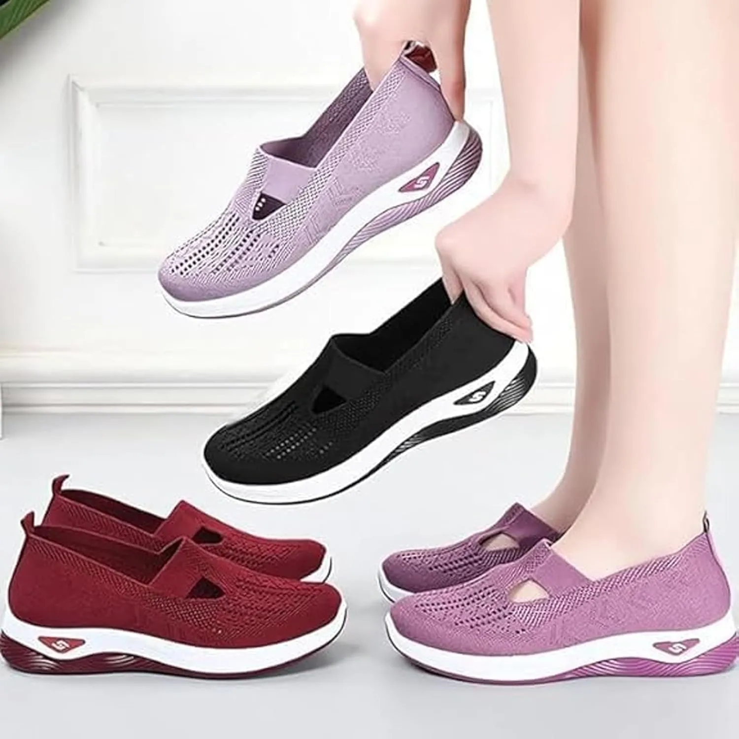 Womens Orthopedic Walking Shoes Slip on Breathable Soft Woven Non-Slip Shoe Mesh-Comfortable Lightweight Footwear Arch Support Sneakers