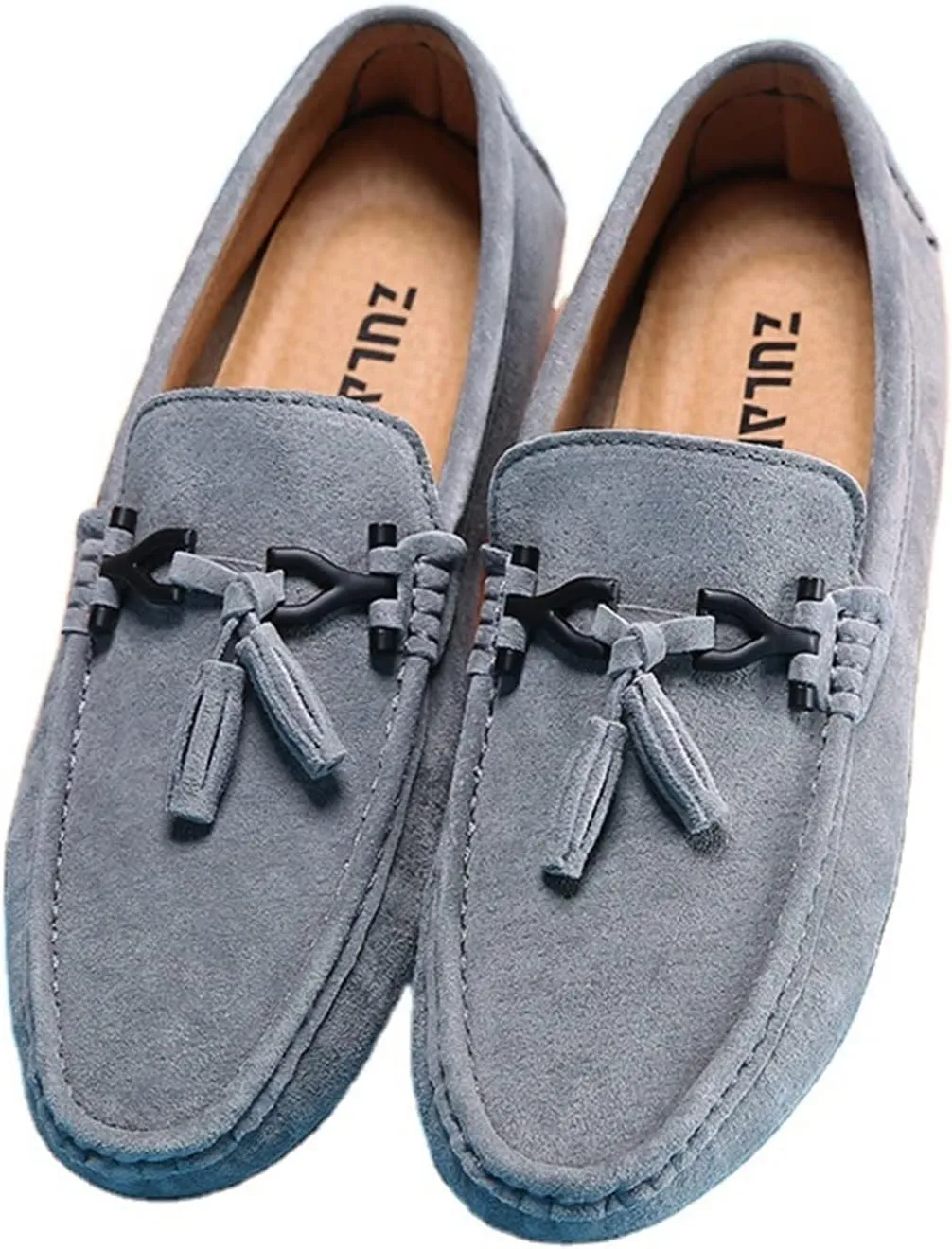 WOUND for Men Mens Loafers Tassel Suede Vamp Genuine Leather Stitching Details Round Toe Lightweight Flat Heel Anti-Slip Prom Wedding Slip On (Color : Grey, Size : 7.5)